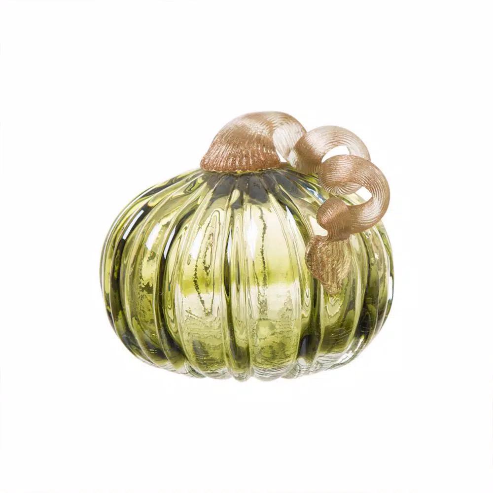 Glitzhome Set of 2 Green and Amber Crackle Glass Short Pumpkins, 4.72 in. Handmade Fall Decor