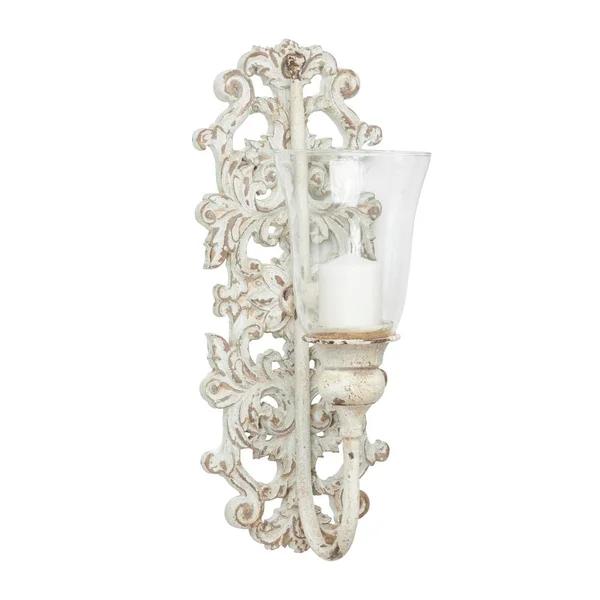 LITTON LANE Distressed White Acanthus Candle Sconce - Vintage Metal and Wood Wall Decor