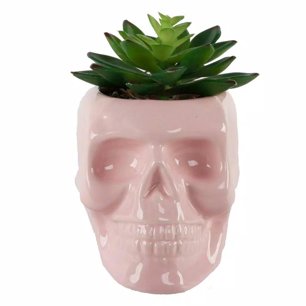 Flora Bunda Pink Ceramic Sugar Skull Succulent Planter with Artificial Plant, 4.5 x 3.5 in.