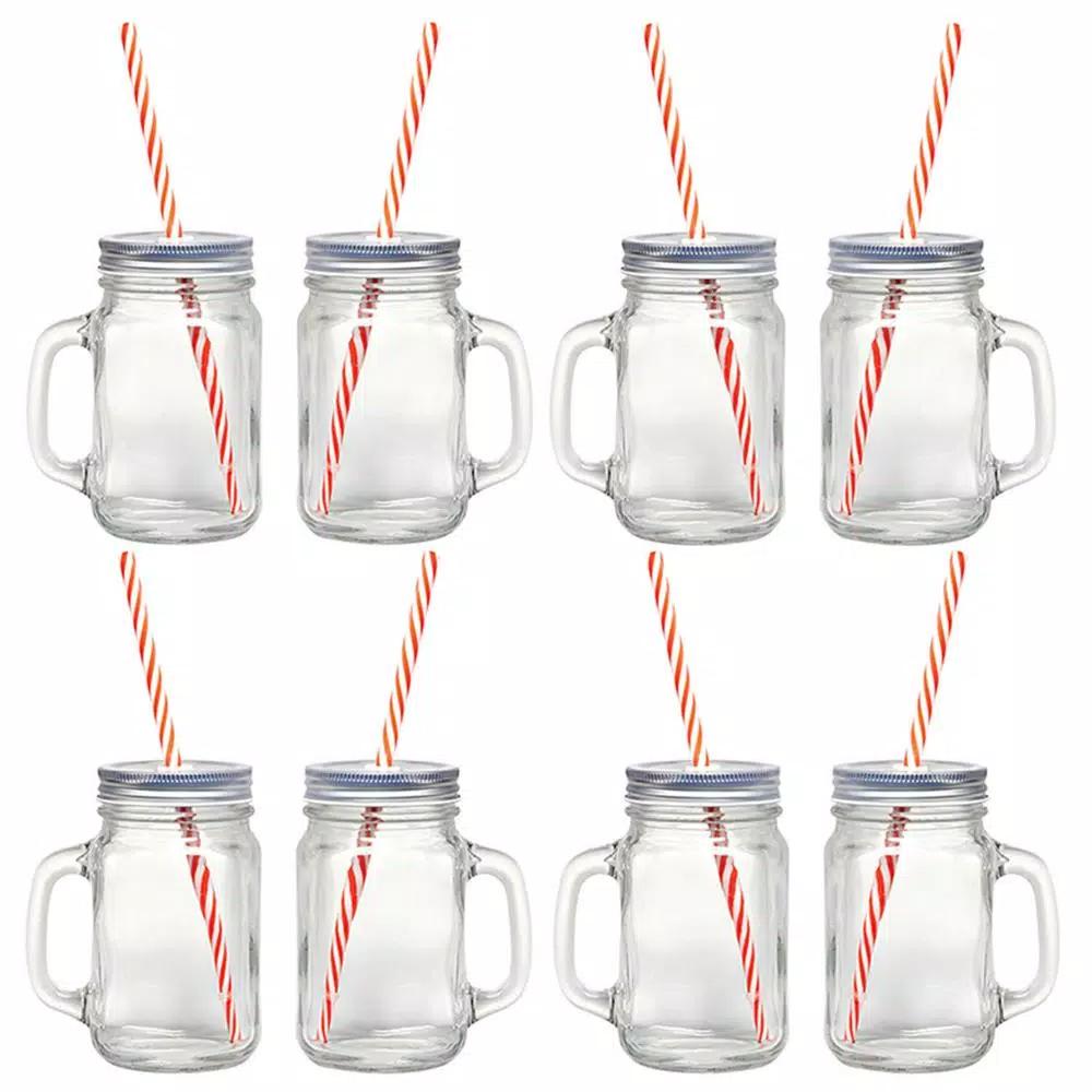 Starfrit Gourmet By Starfrit 12-Piece Glass Mason Jar Mug Set with Lids and Reusable Straws, 16 oz.