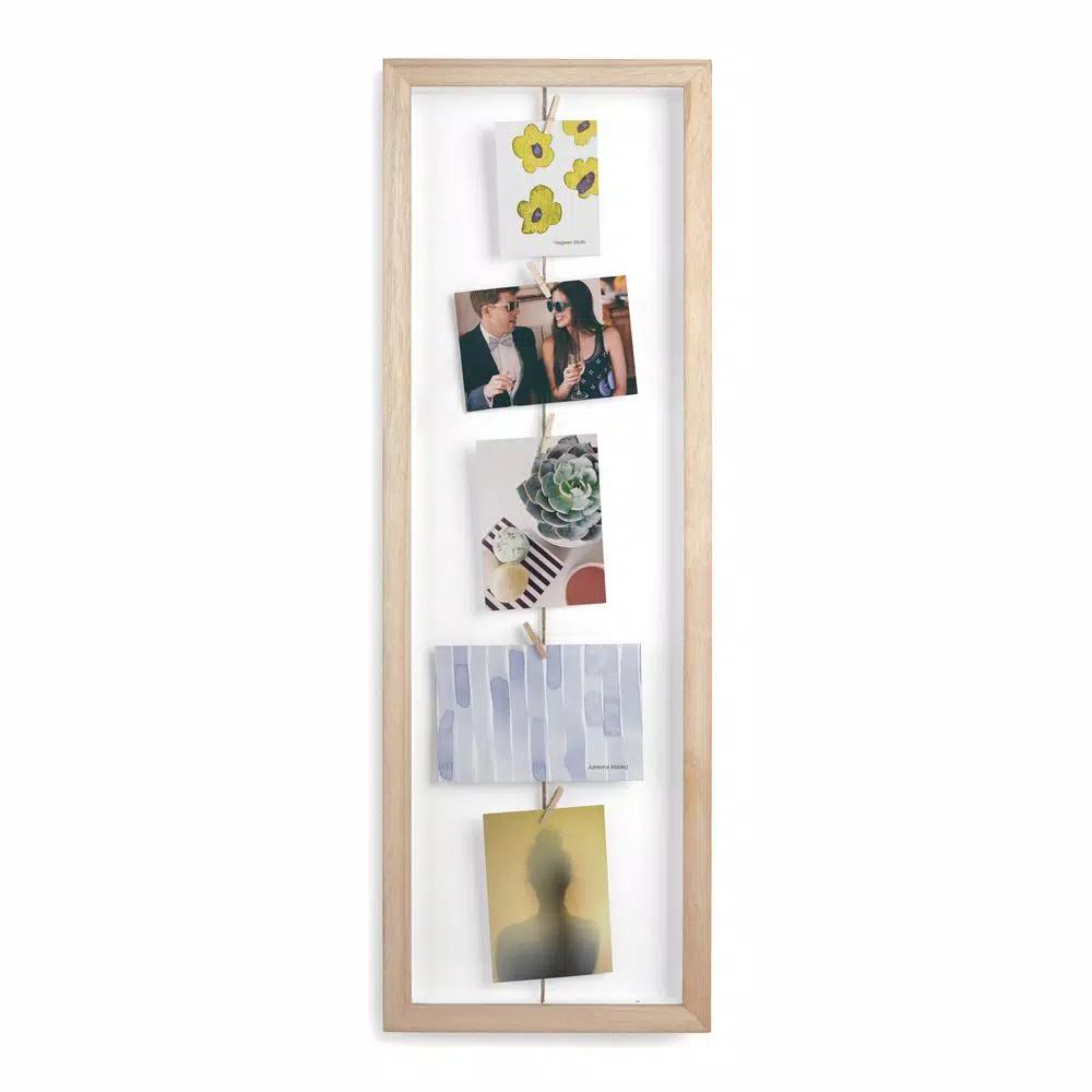 Umbra Clothesline Natural Wood Photo Clip Frame - Hanging Wall Decor for Mementos