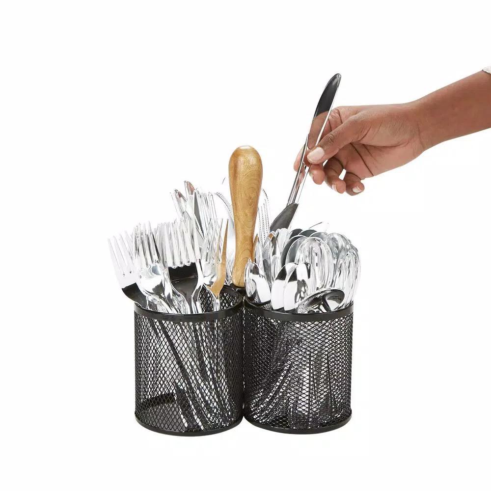 MIND READER 3-Section Black Metal Utensil Caddy, Large Capacity Cutlery & Flatware Organizer for Kitchen Countertop