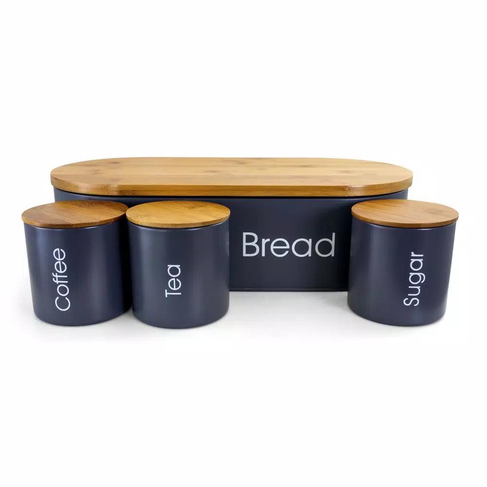 MegaChef 4-Piece Metal Bread Basket and Canister Set with Bamboo Lids, Gray