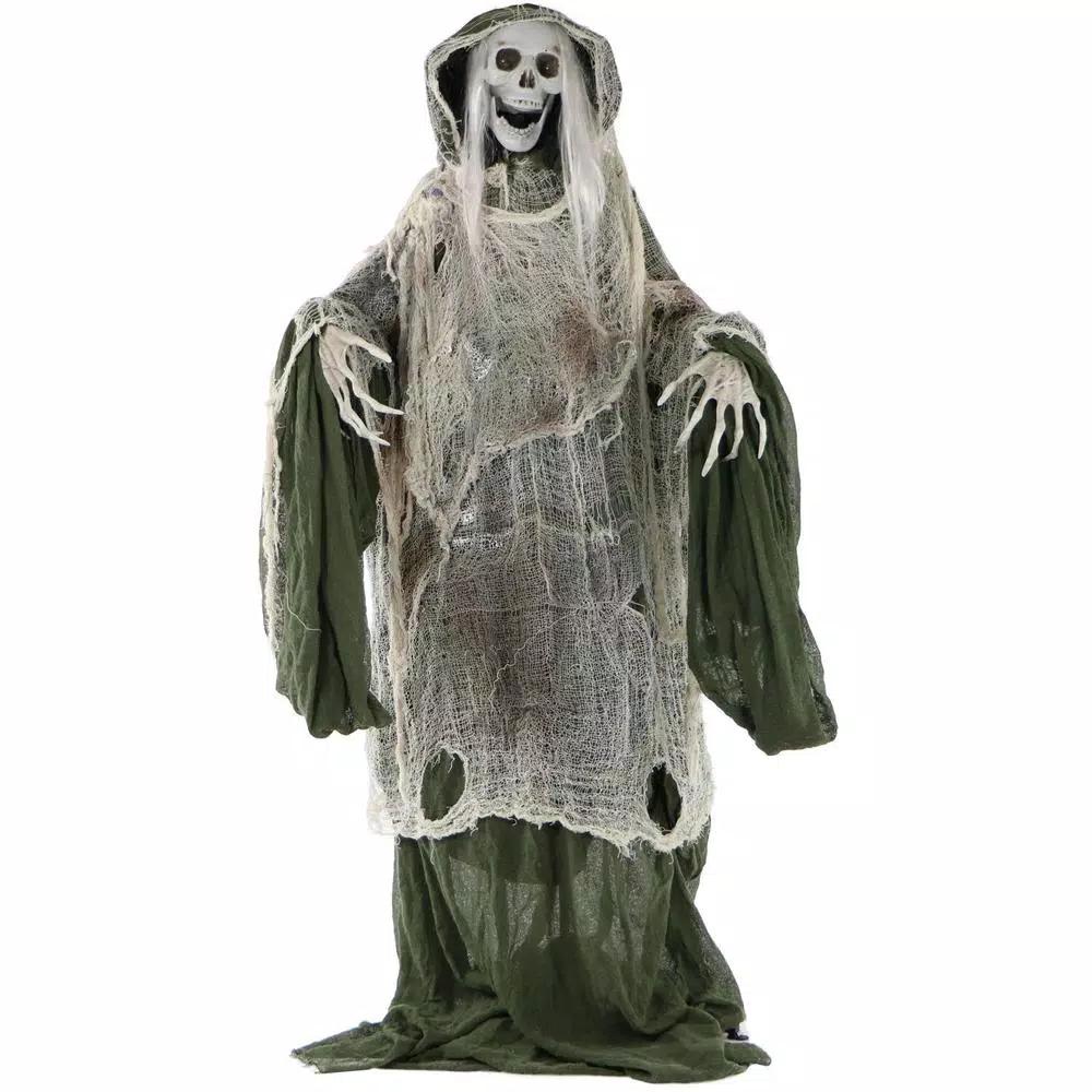 Haunted Hill Farm 5 ft. Animatronic Moaning Skeleton Halloween Prop with Green Cloak