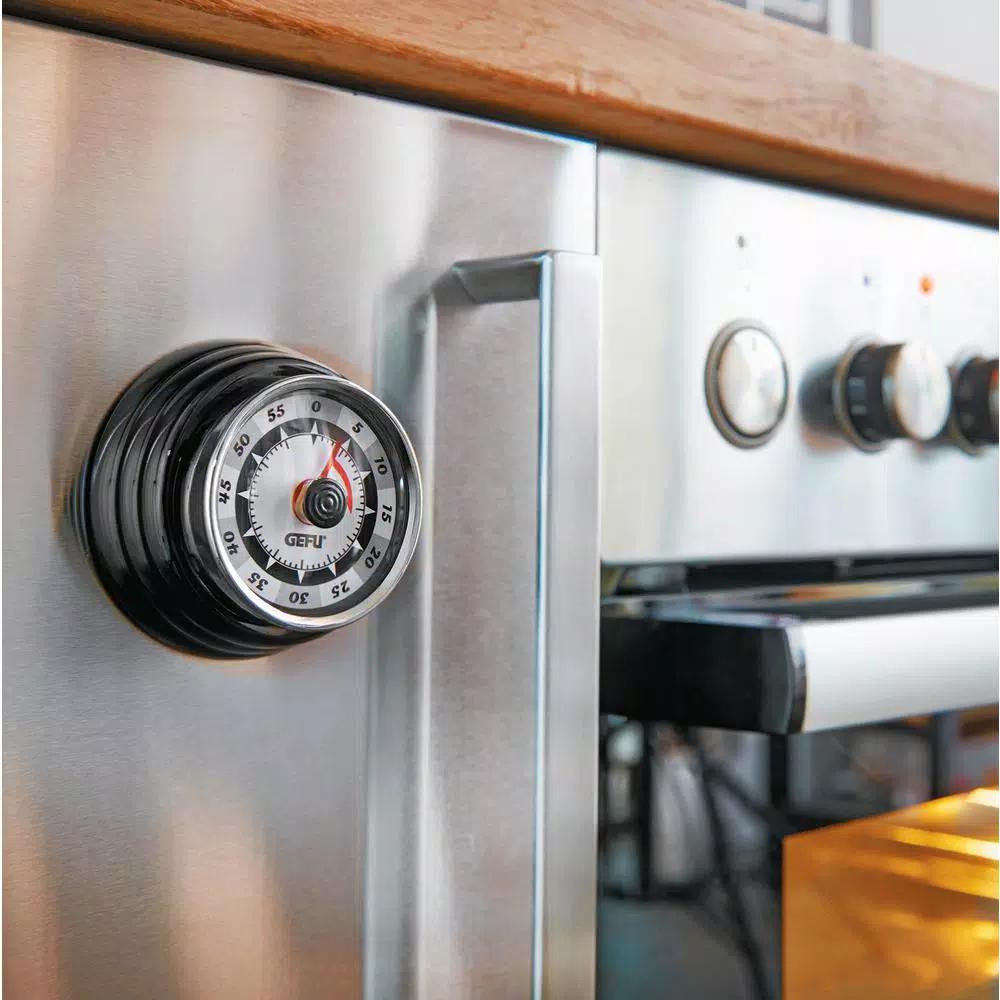 GEFU Retro Mechanical Kitchen Timer - 60 Minute Analog Timer with Magnetic Back, Black and Chrome