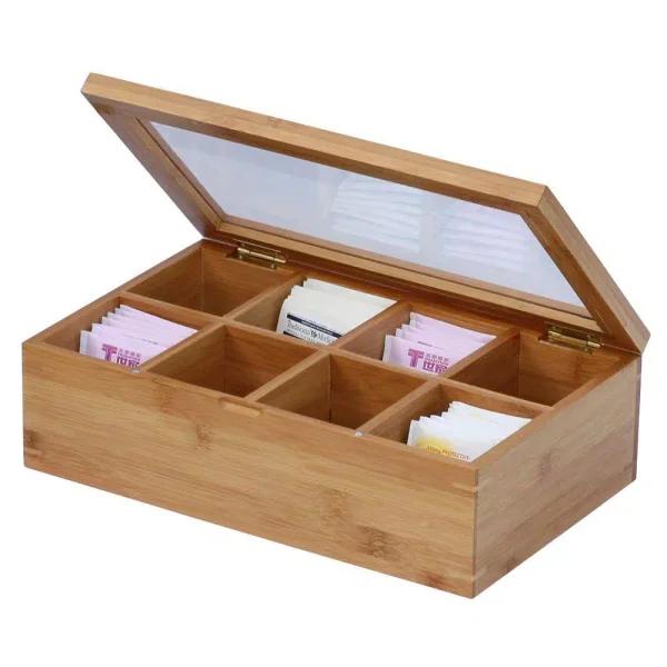 Oceanstar 8-Compartment Bamboo Tea Box with Hinged Acrylic Lid