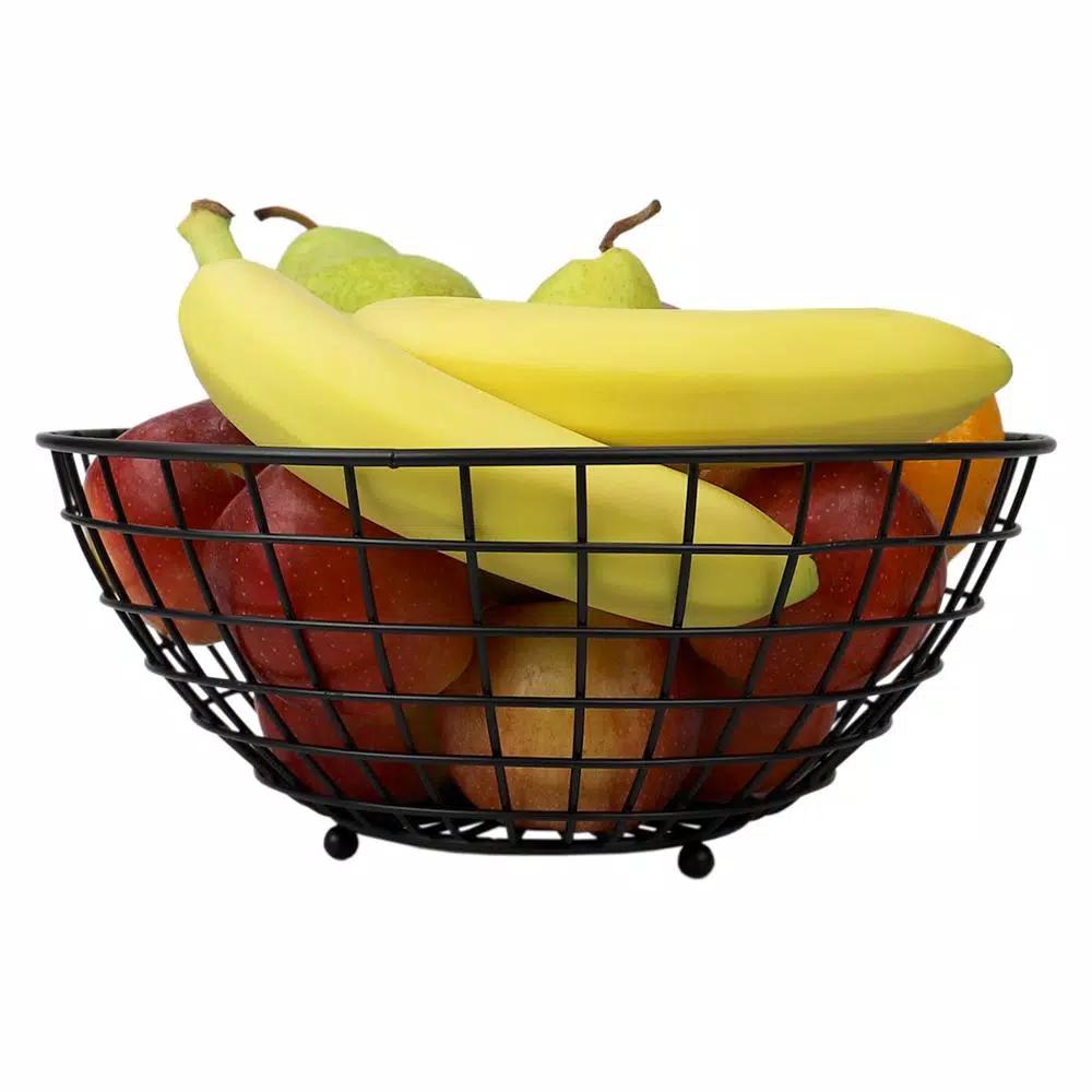 Unbranded Grid Collection Large Black Wire Fruit Bowl - Modern Steel Countertop Organizer