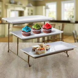 GIBSON elite Gracious Dining 3-Tier Rectangular Porcelain Serving Plate Set with Gold Metal Stand thumbnail 4