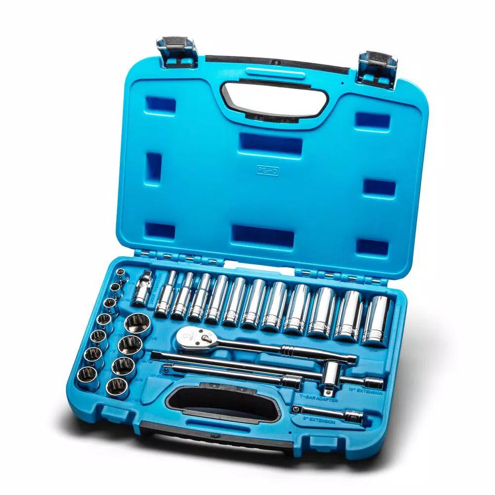 Capri Tools 3/8 in. Drive 12-Point SAE Socket Set with Ratchet, Extensions and Adapters, 27-Piece