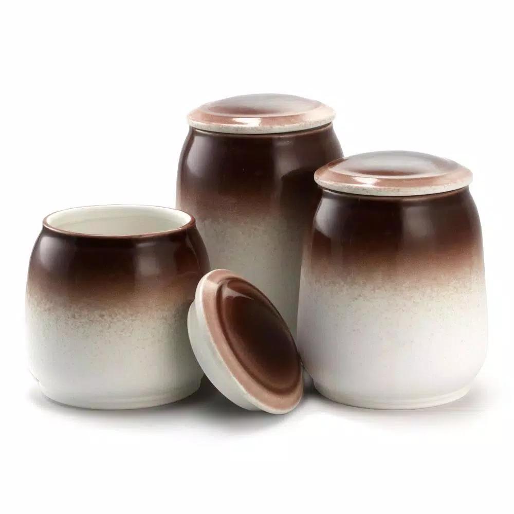 Elama Toasted Coconut 3-Piece Ceramic Kitchen Canister Set with Airtight Lids