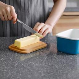 Sweese Large Porcelain Butter Dish with Beech Wood Lid, Steel Blue thumbnail 3
