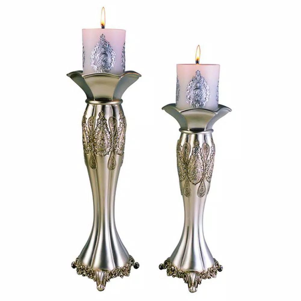 ORE International Traditional Royal Silver Metallic Candle Holder Set with Paisley Accents