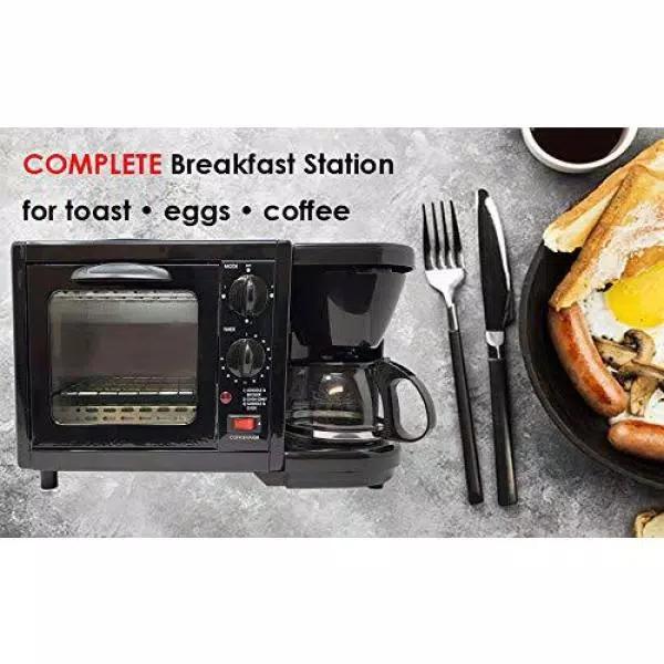 LavoHome 3-in-1 Black Stainless Steel Breakfast Maker Station: Toaster Oven, 4-Cup Coffee Maker & 6" Non-Stick Griddle