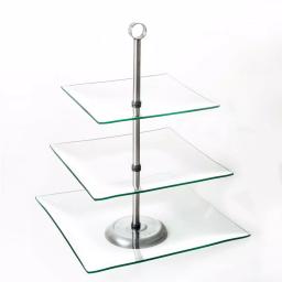 Chef Buddy 3-Tier Square Glass Cake Stand with Stainless Steel Base thumbnail 1
