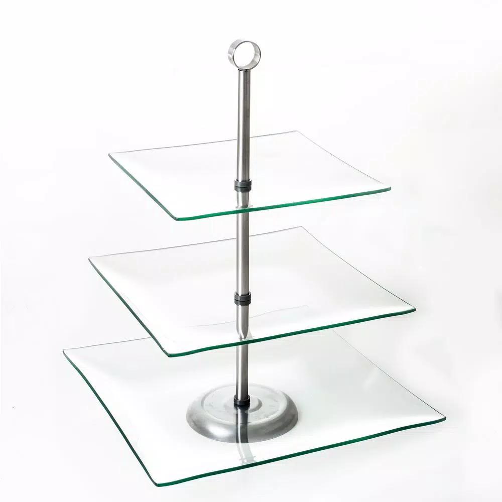 Chef Buddy 3-Tier Square Glass Cake Stand with Stainless Steel Base