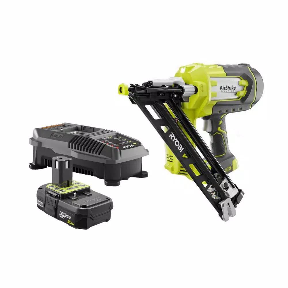 RYOBI 18V ONE+ 15-Gauge Angled Cordless AirStrike Finish Nailer Kit with 2.0 Ah Battery and Charger