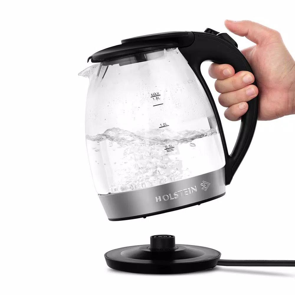 Holstein Housewares 1.8L Black Glass Electric Kettle, 7-Cup Borosilicate Glass Tea Kettle
