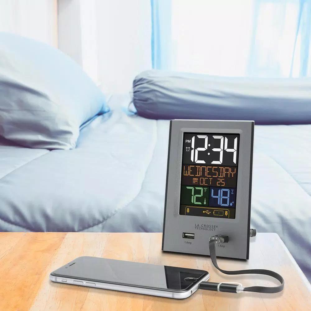 La Crosse Technology Digital Desktop Alarm Clock with Dual USB Charging Ports, Nap Timer, and Temperature/Humidity Display - Silver