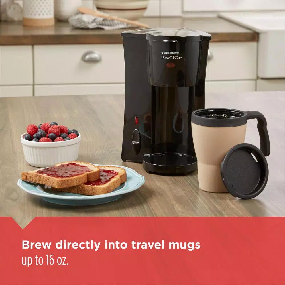 BLACK+DECKER Brew'n Go Single Serve Coffee Maker with 15 oz. Thermal Travel Mug, Black