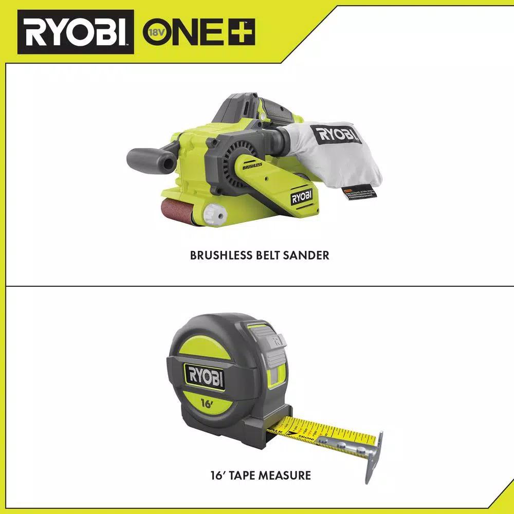 RYOBI 18V ONE+ Brushless 3 in. x 18 in. Cordless Belt Sander and 16 ft. Tape Measure Combo Kit