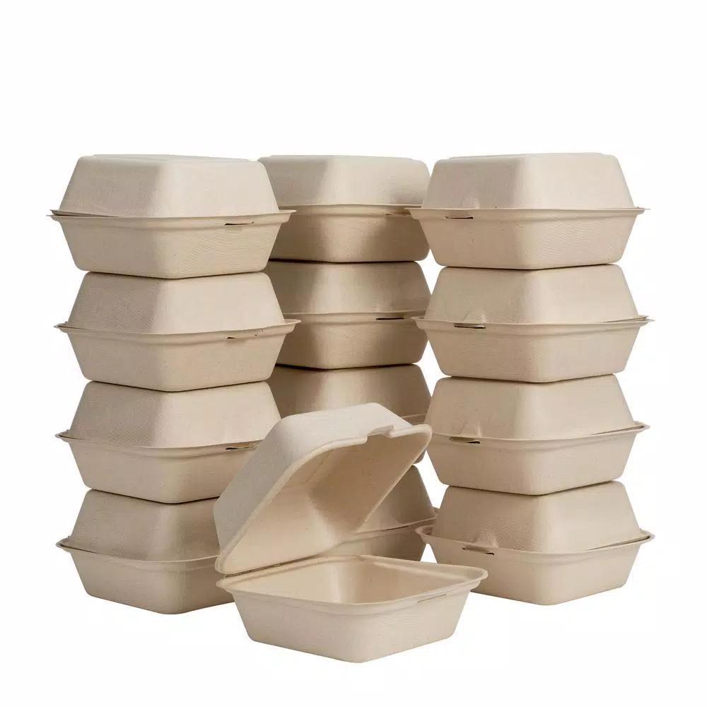 Unbranded 6 in. White Sugarcane Clamshell Containers, Compostable & Eco-Friendly (300 Pack)