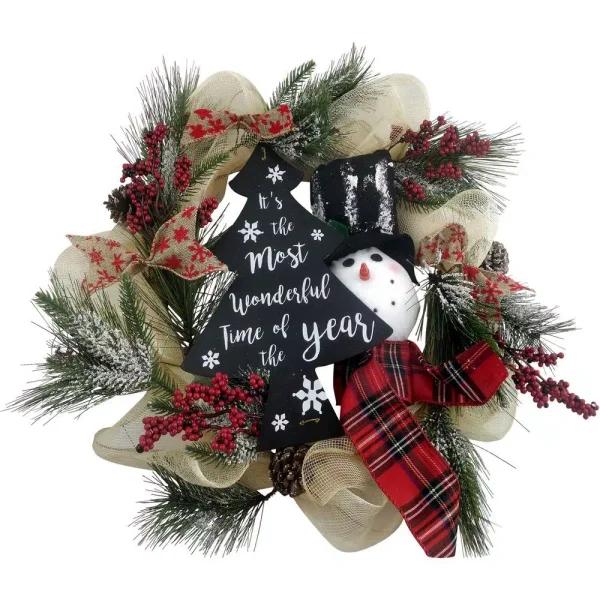 Fraser Hill Farm 20 in. Artificial Christmas Wreath with Snowman, Pinecones, and Berries