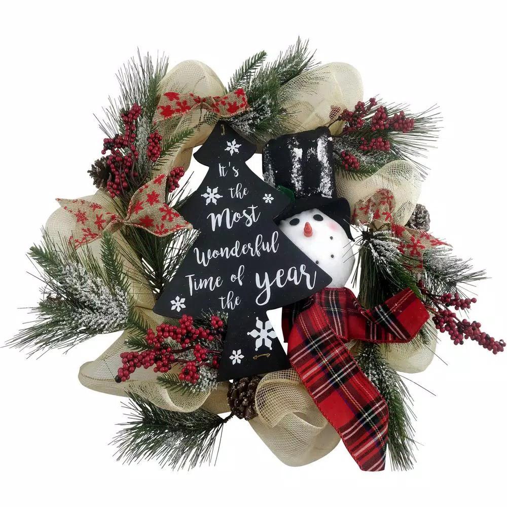 Fraser Hill Farm 20 in. Artificial Christmas Wreath with Snowman, Pinecones, and Berries