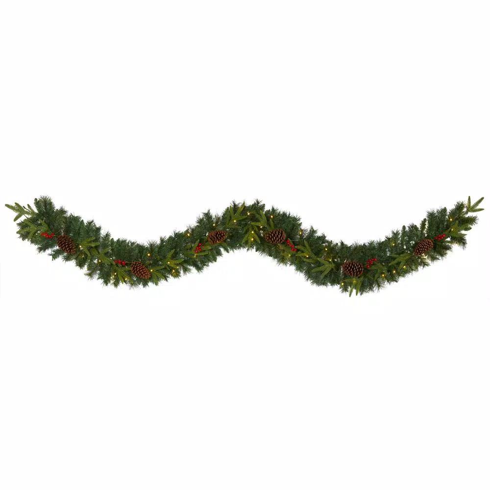 Nearly Natural 9 ft. Pre-lit Mixed Pine Artificial Christmas Garland with 50 LED Lights, Berries & Pinecones