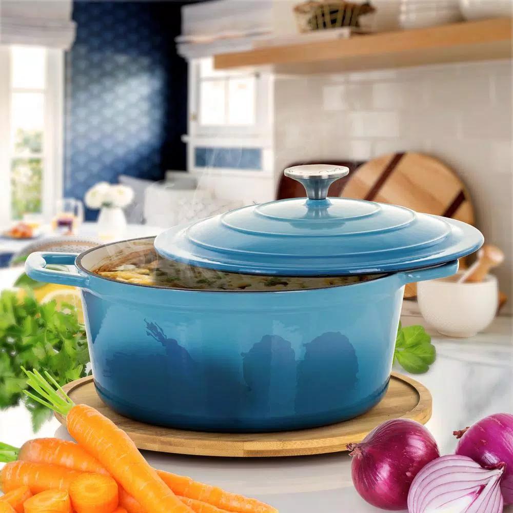 MegaChef 4 Qt. Round Enameled Cast Iron Casserole Dish with Lid, Blue