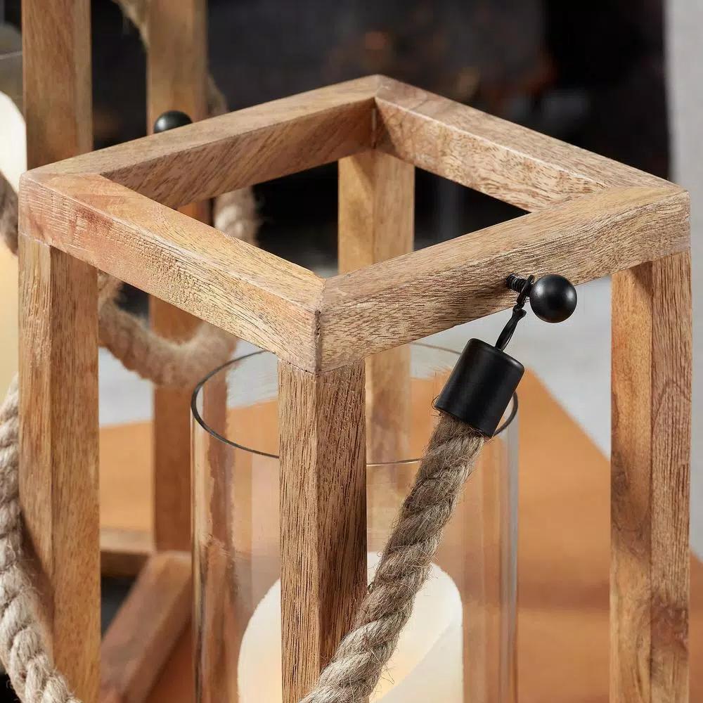 StyleWell Natural Mango Wood Candle Lanterns with Rope Handle, Set of 2