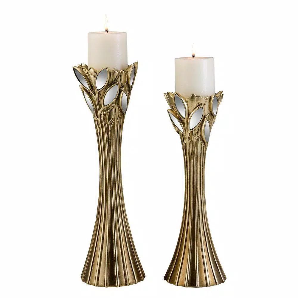 ORE International Gaia Gold Finish Candle Holder Set with Glass Leaf, 14 in. and 16 in.