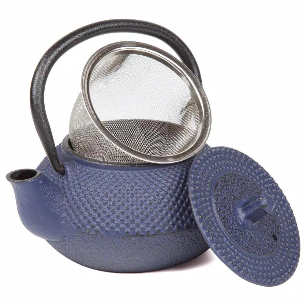 Creative Home Kyusu Blue Cast Iron Tea Pot with Removable Stainless Steel Infuser Basket, 10 oz.