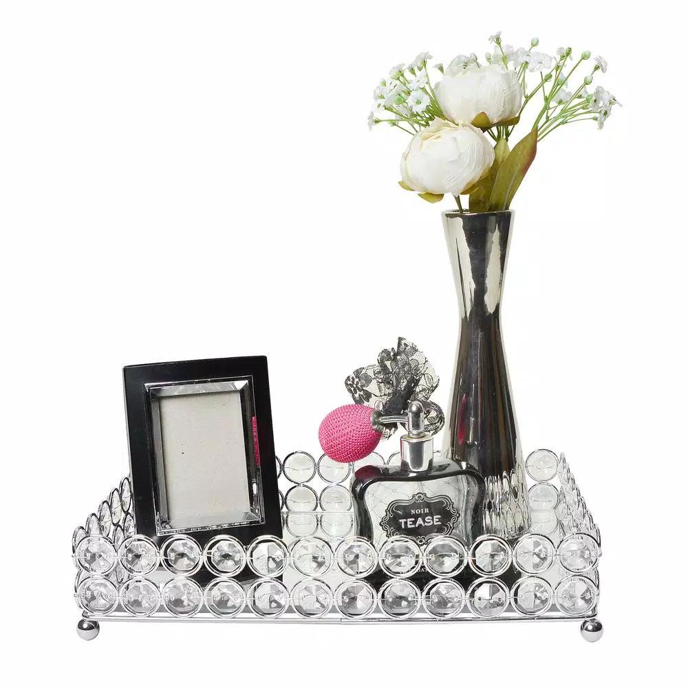 Elegant Designs 10.5 in. Chrome Ellipse Crystal Decorative Mirrored Jewelry and Makeup Vanity Organizer Tray