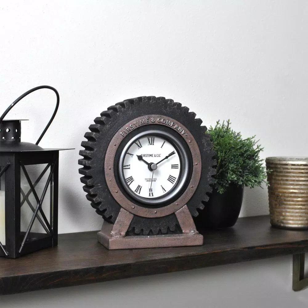 FirsTime & Co. Gear Tabletop Analog Clock - Satin Black & Aged Rust