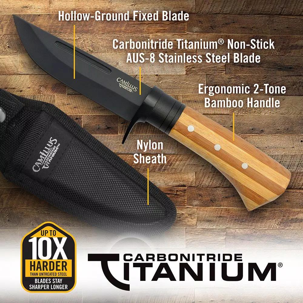 Camillus 9.75 in. Fixed Blade Knife with Carbonitride Titanium AUS-8 Steel and Bamboo Handle