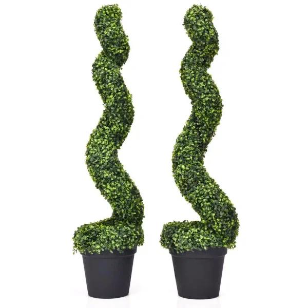 Costway Artificial Boxwood Spiral Topiary Tree Set of 2 - Indoor/Outdoor Decorative Plants with Cement Pot