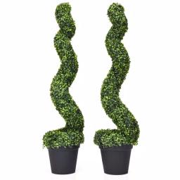 Costway Artificial Boxwood Spiral Topiary Tree Set of 2 - Indoor/Outdoor Decorative Plants with Cement Pot thumbnail 1