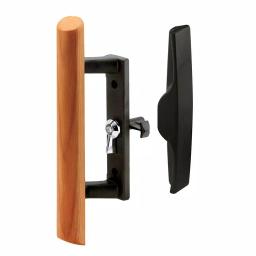 Prime-Line Black Diecast and Wood Sliding Glass Door Handle Set, 3.5 in. Mounting, Hook Style Internal Lock thumbnail 1