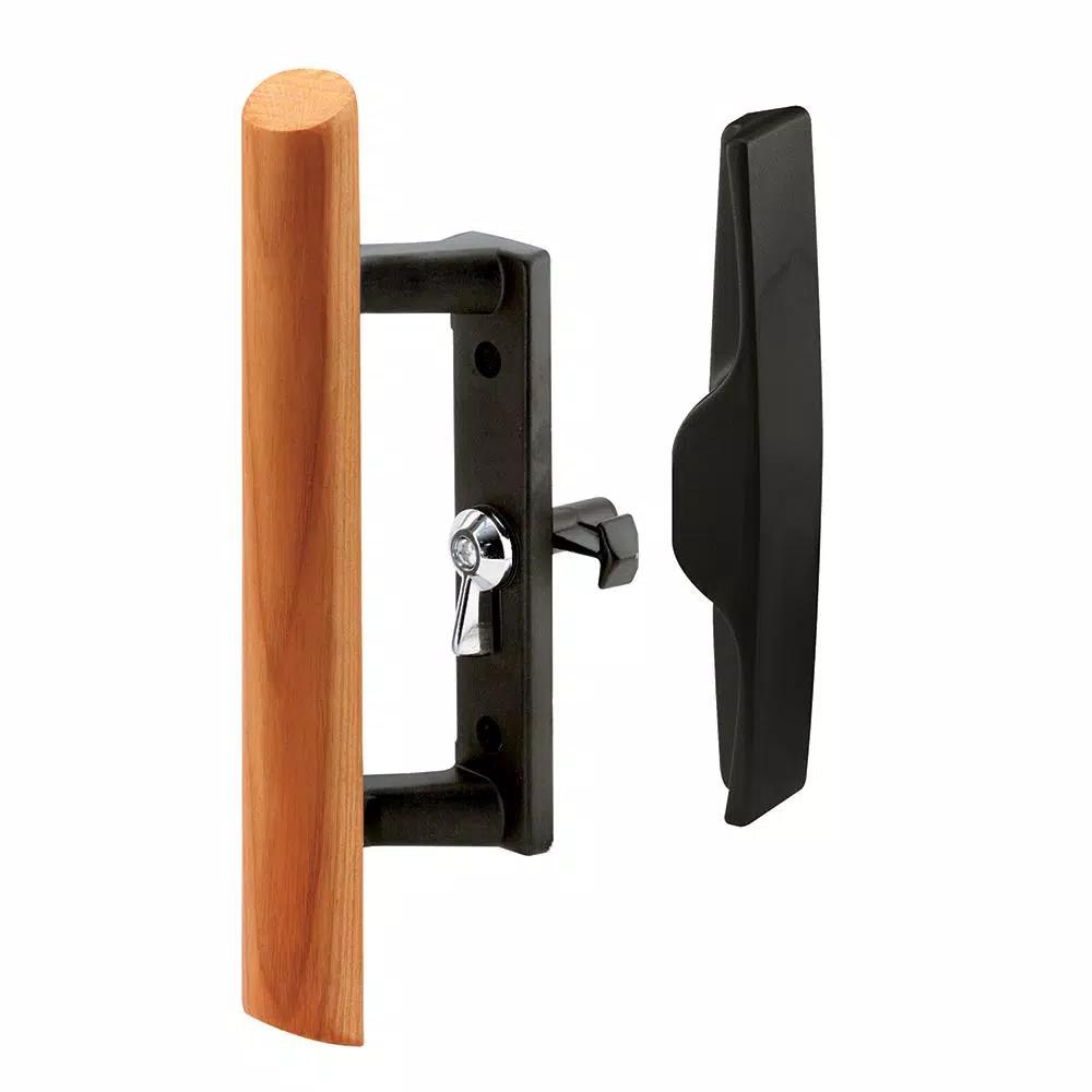 Prime-Line Black Diecast and Wood Sliding Glass Door Handle Set, 3.5 in. Mounting, Hook Style Internal Lock