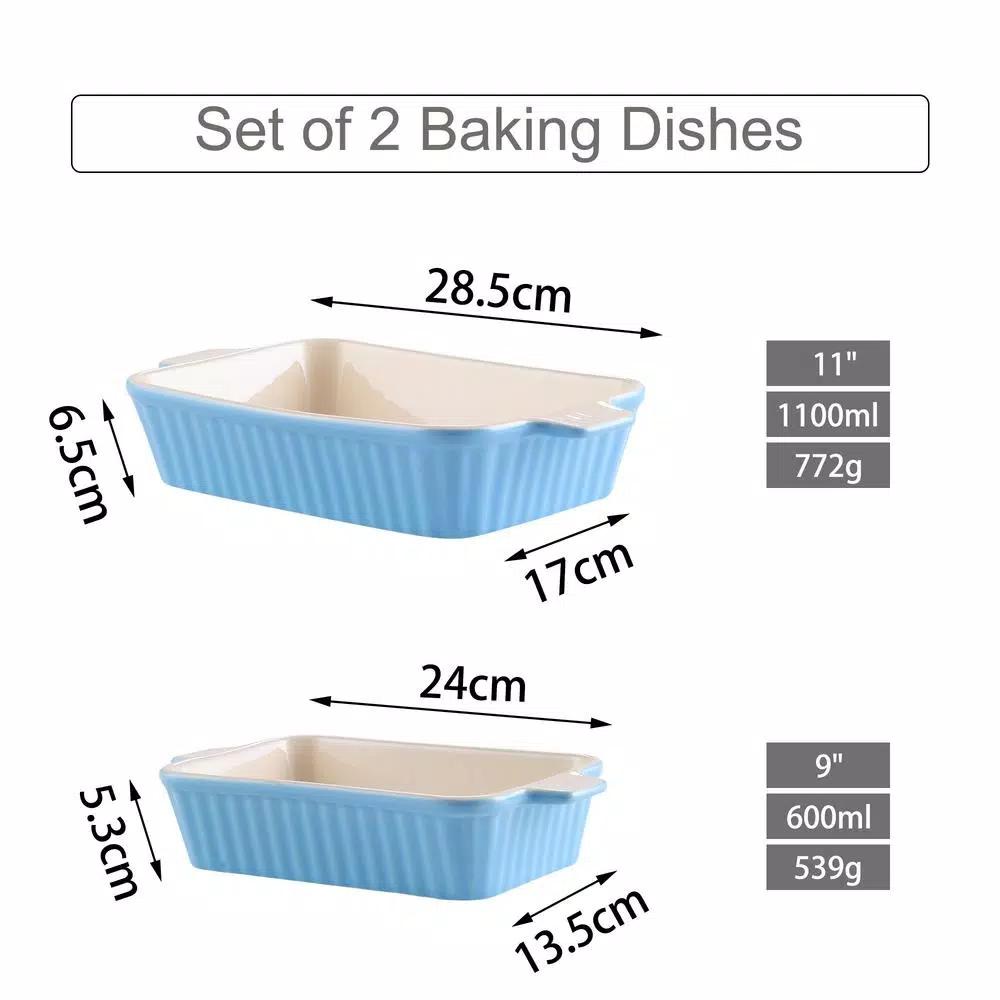 MALACASA 2-Piece Blue Porcelain Rectangle Bakeware Set - 9 in. and 11 in. Ceramic Baking Pans