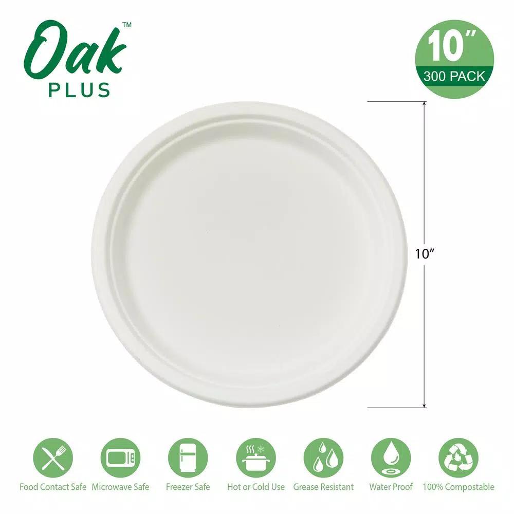 Unbranded 10 in. White Sugarcane Plates, 300 Pack - Eco-Friendly Biodegradable Disposable Plates