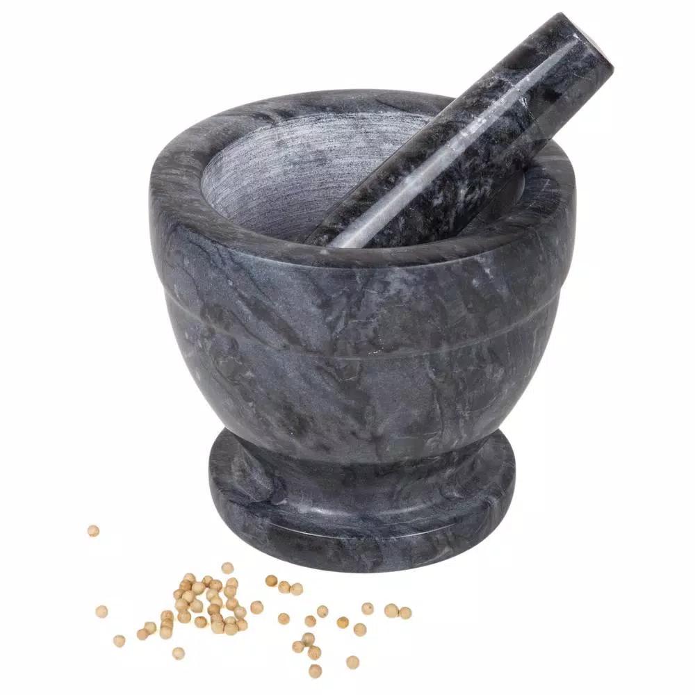 Creative Home Natural Black Marble Mortar and Pestle Set, 5-1/4 in. Stone Grinder for Spices and Herbs