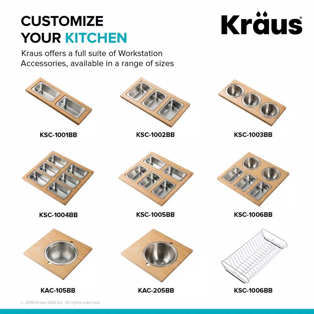 KRAUS 16.75 in. Workstation Sink Accessory Set with Bamboo Board, Stainless Steel Mixing Bowl and Colander