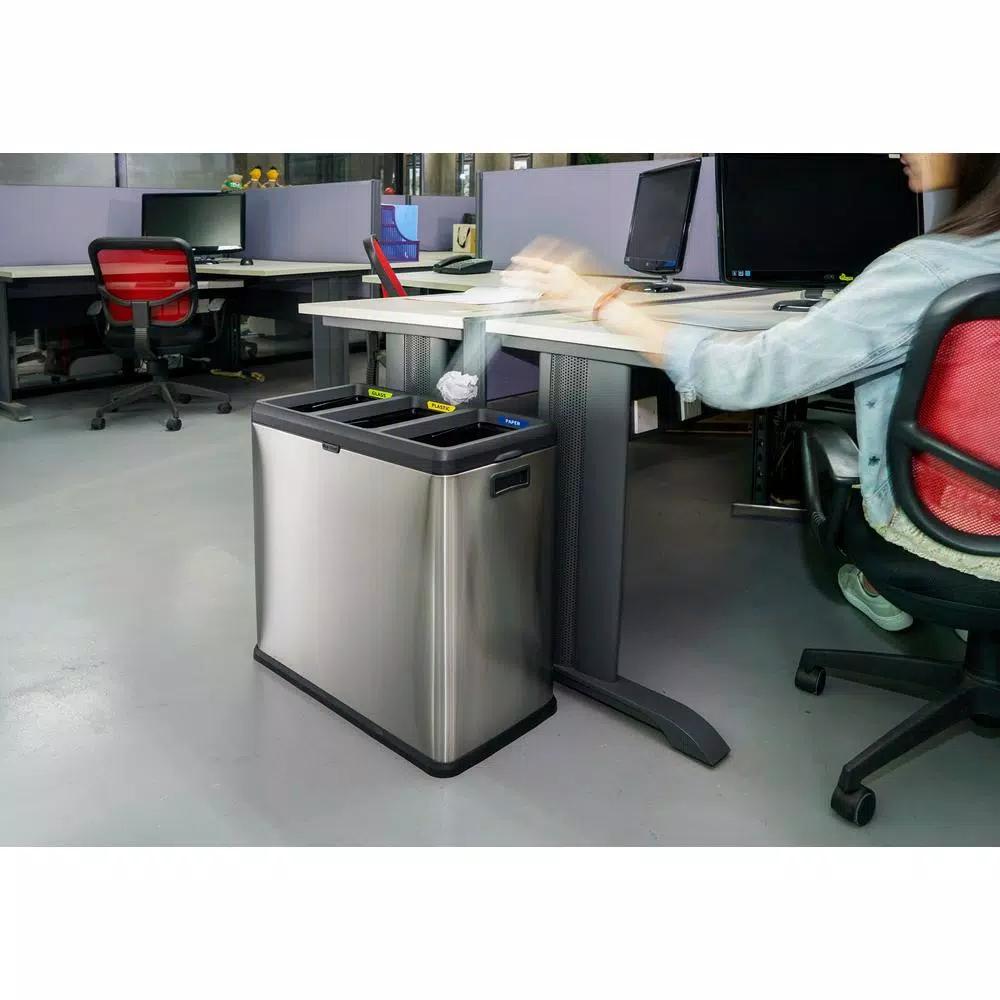 Step N' Sort 16 Gal. Stainless Steel 3-Compartment Open Top Trash and Recycling Bin with Removable Bins