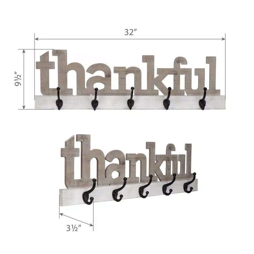 Pinnacle Rustic Thankful Gray Wood Decorative Wall Sign with 4 Metal Hooks