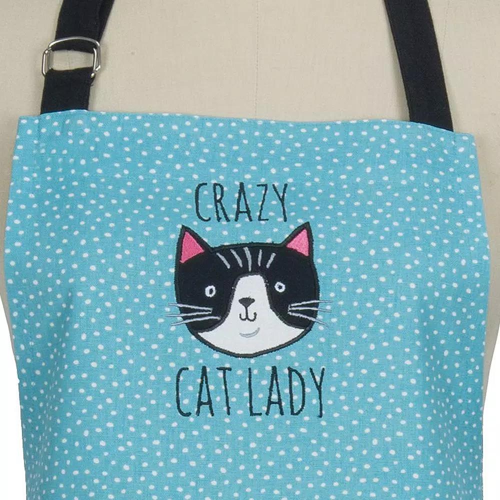 Kay Dee Crazy Cat Blue Cotton Chef Apron with Cat Print Trim and Embroidery
