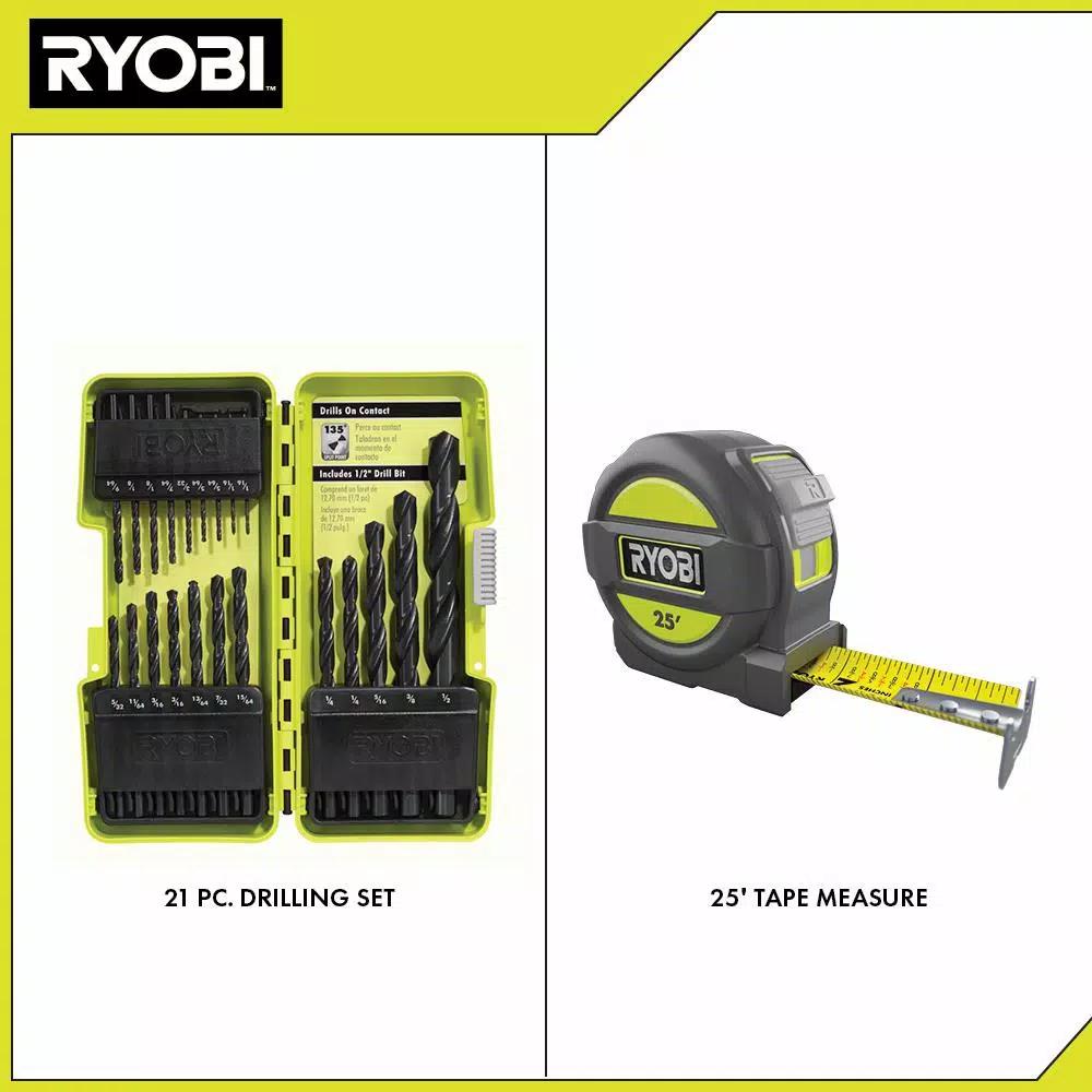 RYOBI 21-Piece Black Oxide Drill Bit Set with Bonus 25 ft. Tape Measure