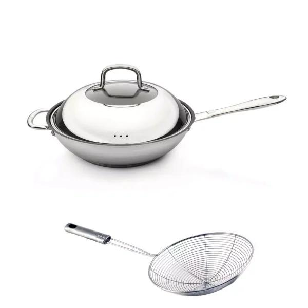 BergHOFF CollectNCook 11 in. Stainless Steel Wok Set with Fernogreen Non-Stick Coating and Wire Skimmer