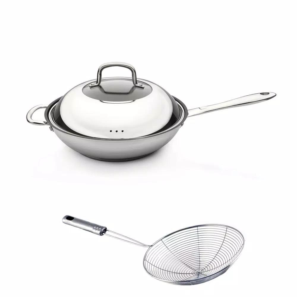 BergHOFF CollectNCook 11 in. Stainless Steel Wok Set with Fernogreen Non-Stick Coating and Wire Skimmer