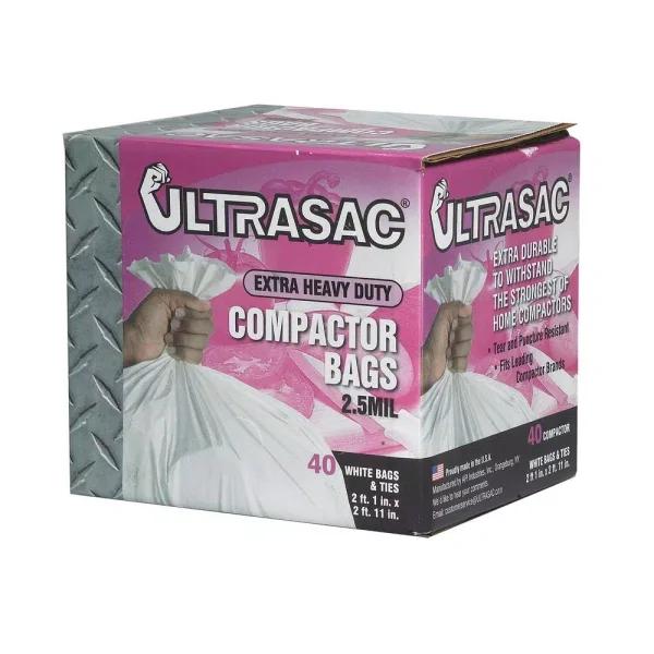 Ultrasac 15 Gallon Compactor Bags, 2.5 Mil Thick, White (40 Count)